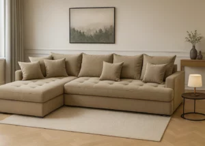 Canapé Linda en tissu beige taupe (vue principale)